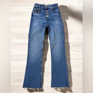 Zara Blue Jeans, High-Waisted Flared Legs Gold Tone Buttons Up Front Size 2